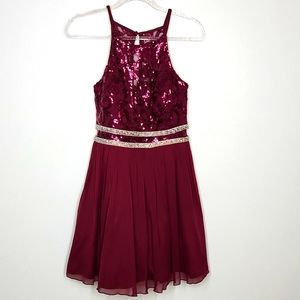 Sequin Chiffon Burgandy Holiday Party Dress Bridesmaid Evening Size M